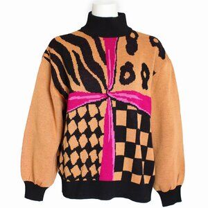 St John Sweater Pullover Turtle Neck Animal Geometric Ribbon Long Sleeve